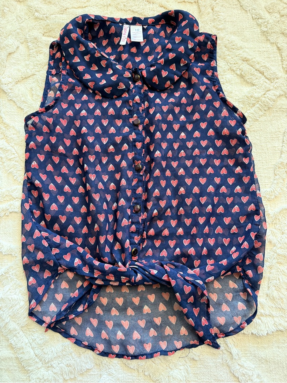 Japna Kids Girls Size 10 Navy Red Heart Print Sleeveless Button Up Blouse